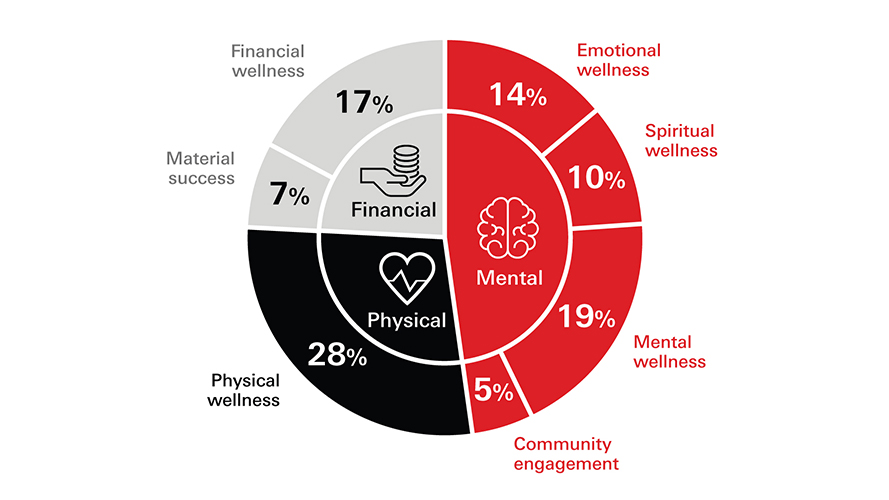 The quality of life graph is showing the value that participants attached to mental, physical and financial dimensions of wealth including: 28% for physical wellness, 19% for mental wellness, 17% for financial wellness, 14% for emotional wellness, 10% for spiritual wellness, 7% for material success and 5% for community engagement.