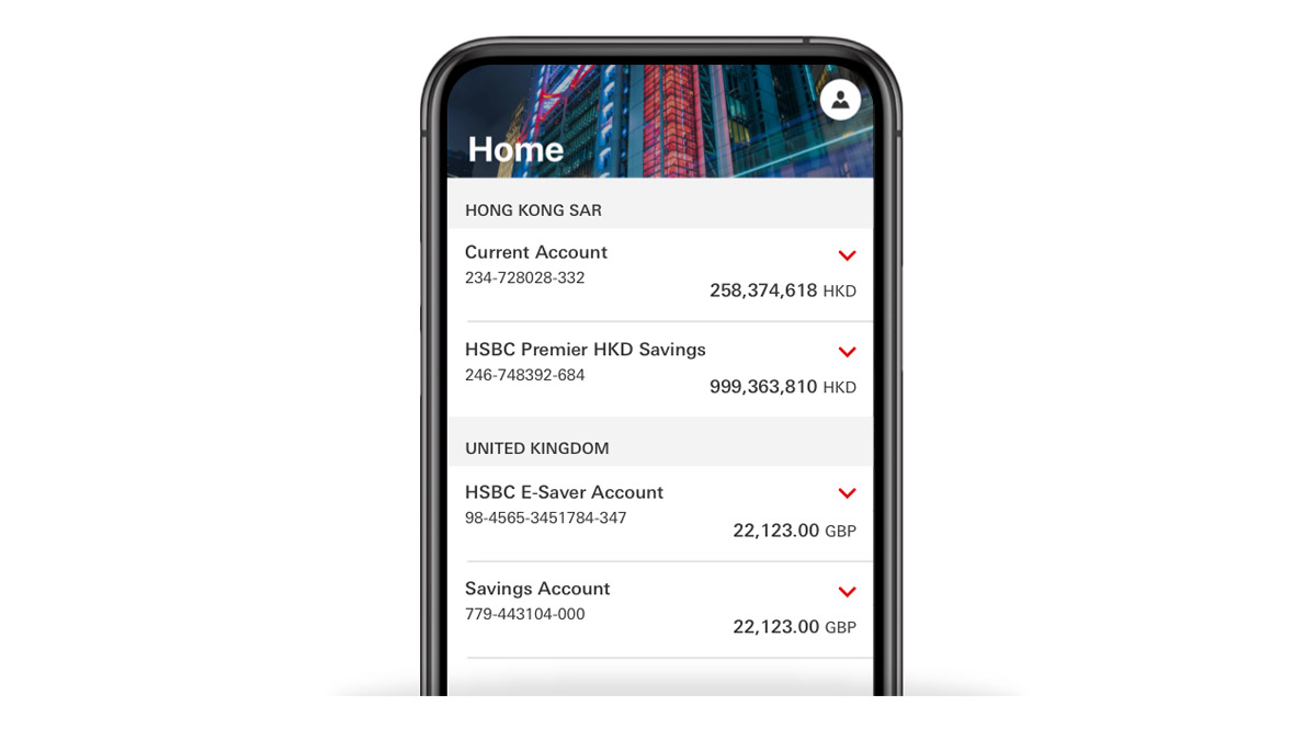 account balance on mobile banking screen; HSBC International Services international banking page