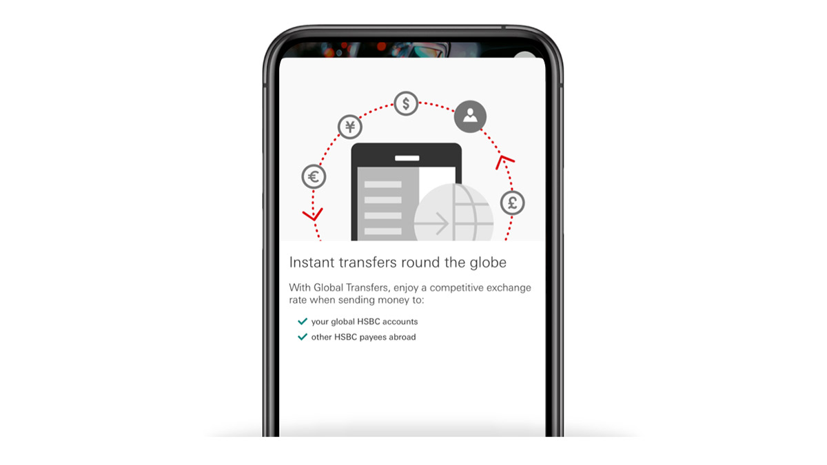 moving money app on mobile banking screen; HSBC International Services international banking page