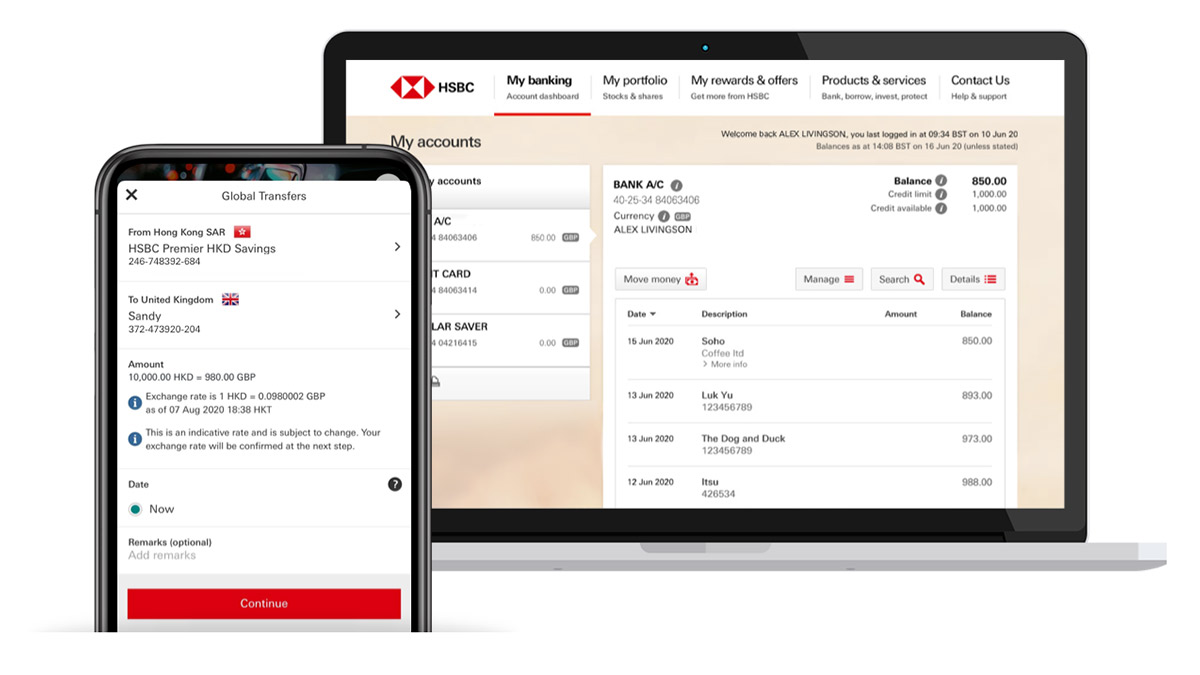 global banking between accounts on mobile banking screen; HSBC International Services international banking page